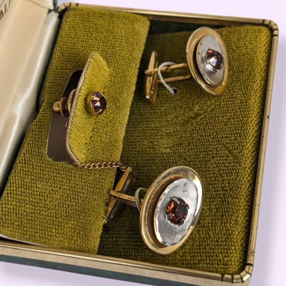 Vintage Orange Glass Cufflink & Tie Pin Set - Picture 6 of 8